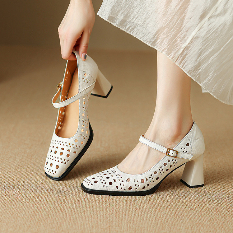 真皮镂空方头玛丽珍鞋2025新款夏季粗跟法式配裙子浅口单鞋高跟鞋