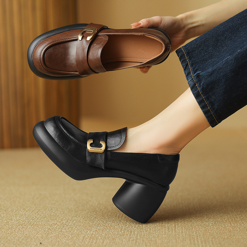 复古英伦风小皮鞋女真皮软底粗跟高跟乐福鞋春秋新款厚底深口单鞋