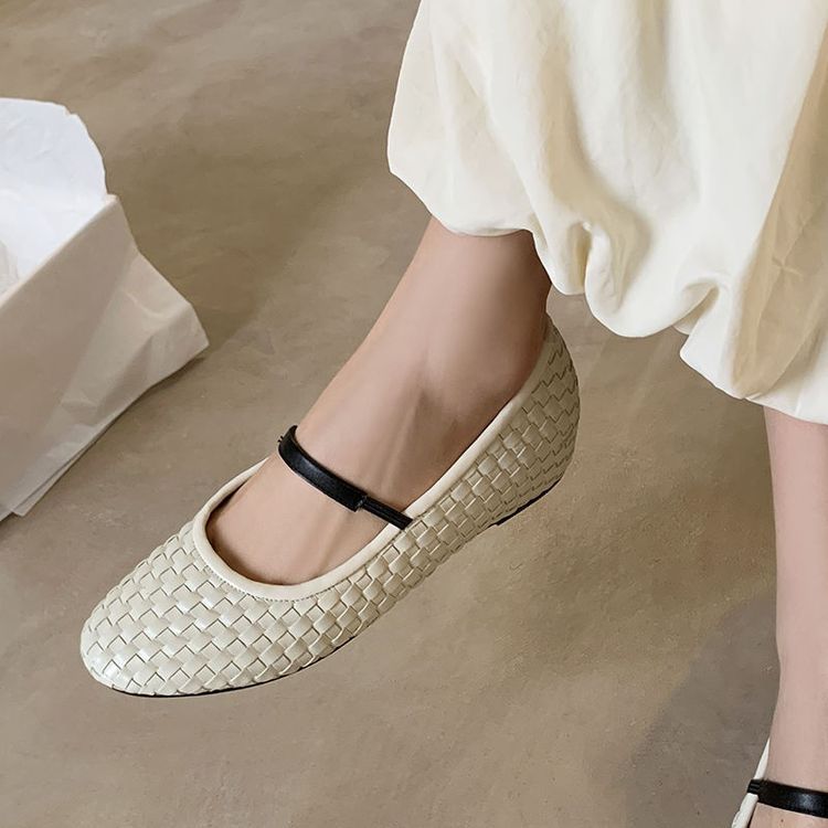 一字带编织法式复古玛丽珍鞋女2025春新款小皮鞋真皮浅口平底单鞋