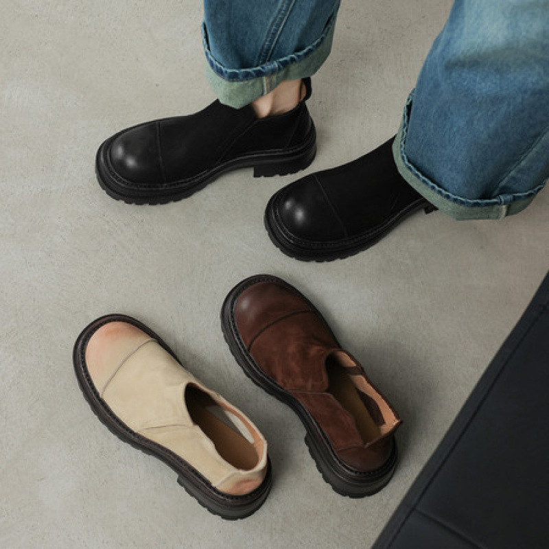 女士擦色复古风时尚2025年秋冬圆头粗跟高跟短筒短靴子潮酷时装靴