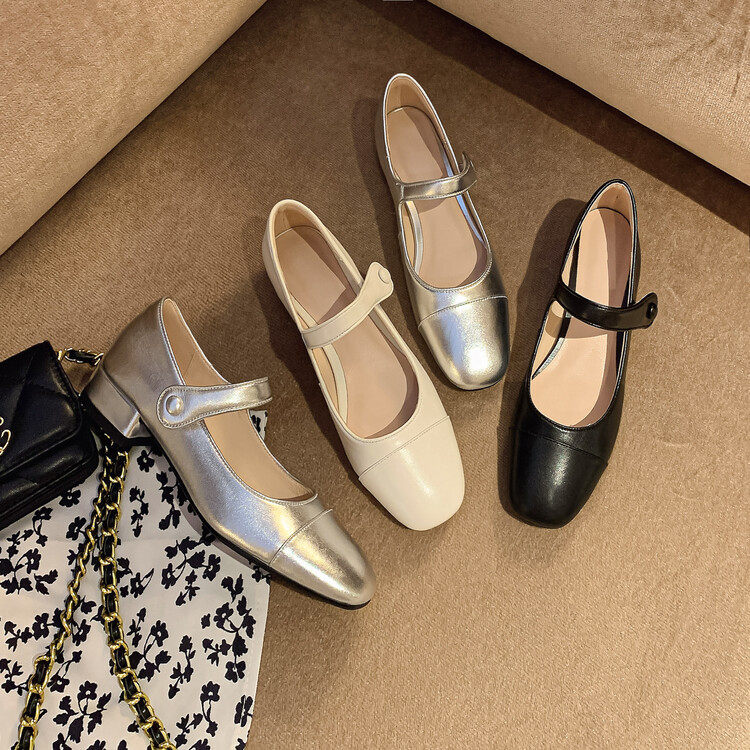 里外全皮方跟圆头搭扣浅口单鞋韩版简约时尚拼接文艺平底玛丽珍鞋,女鞋,马丁靴,淘宝优惠券,粉丝福利购,淘宝优惠卷