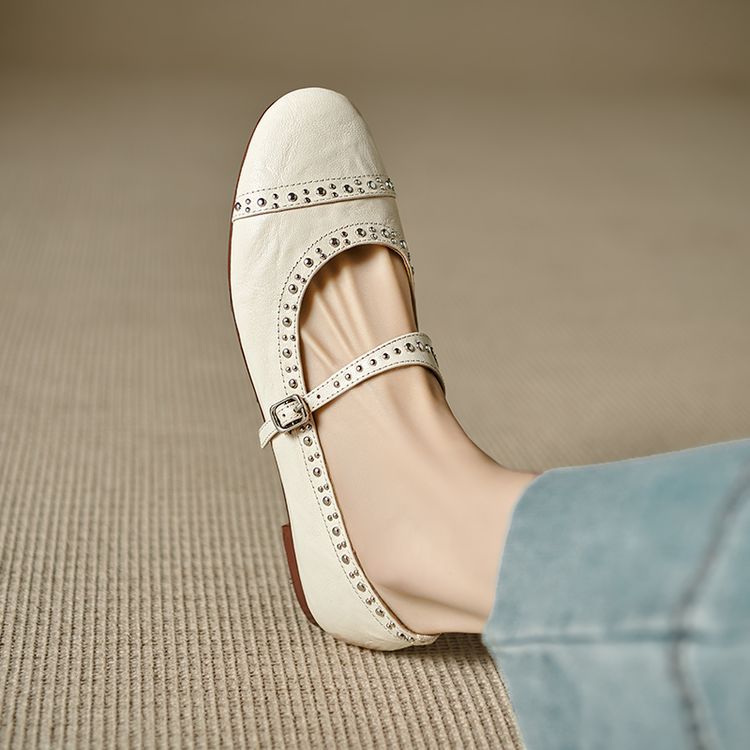 里外全皮！法式米白单鞋女真皮2025年新款圆头平底一字扣小皮鞋女