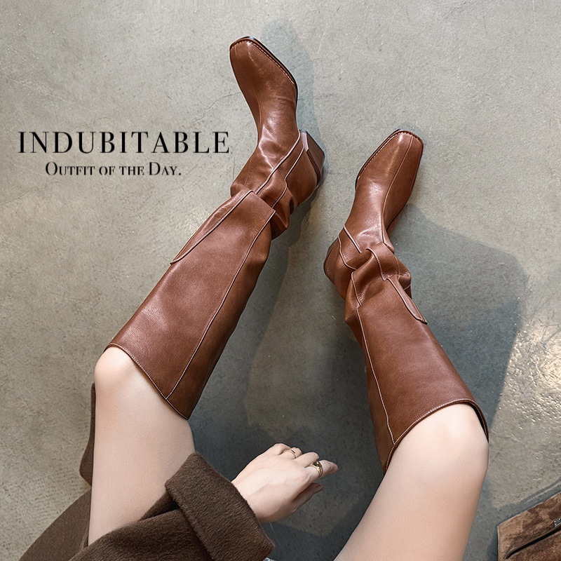 长筒靴女冬新款棕色中跟长靴真皮黑色圆头真皮粗腿粗跟高筒靴子