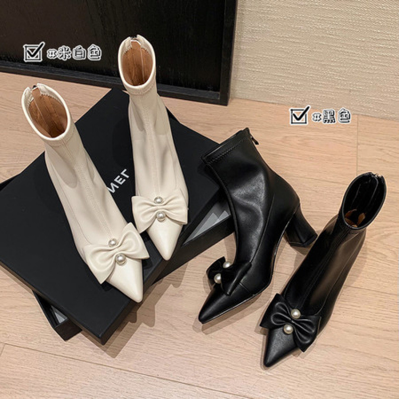 2025新款法式高跟鞋瘦瘦靴短靴女真皮后拉链小踝靴大码女靴41到43