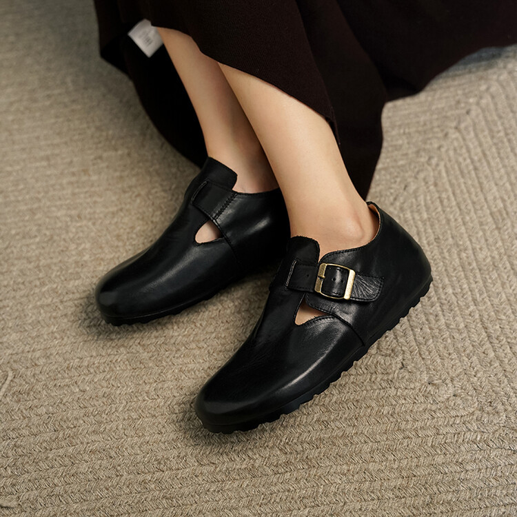 老钱风复古做旧头层水洗牛皮勃肯单鞋圆头低跟皮带扣深口小皮鞋女