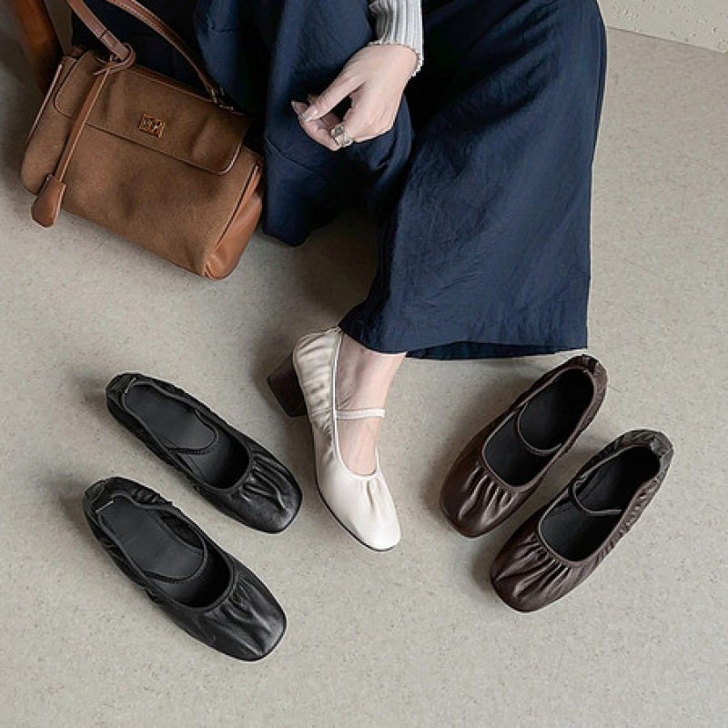 方头浅口单鞋女平底鞋舒适软底褶皱奶奶鞋小羊皮玛丽珍女鞋小皮鞋