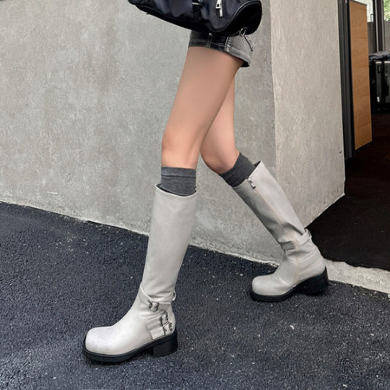 灰色圆头高筒骑士靴女秋冬新款真皮粗跟显瘦长筒机车靴女靴包腿靴