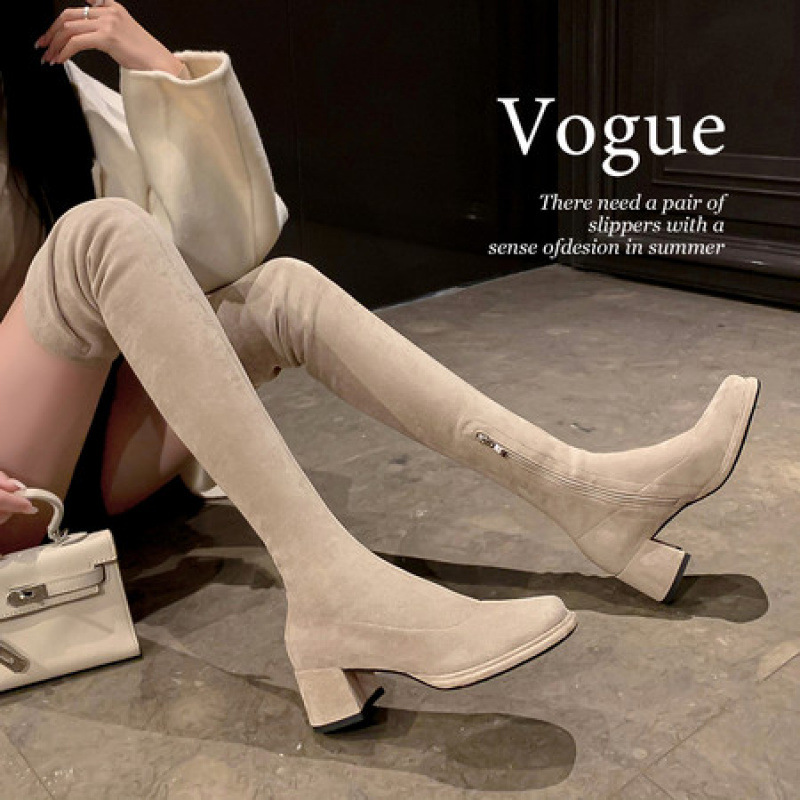 灰色显瘦高跟瘦瘦靴女粗跟过膝长靴尖头长筒靴秋冬高筒中跟弹力靴