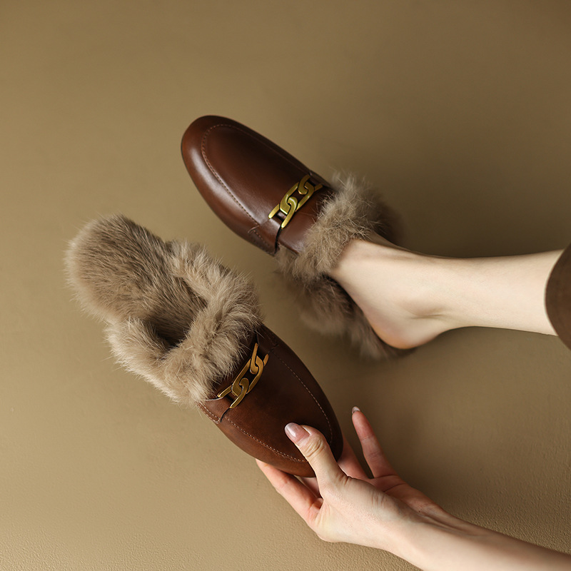 毛毛鞋女包头半拖外穿2023新款真皮保暖穆勒鞋冬季懒人乐福鞋大码