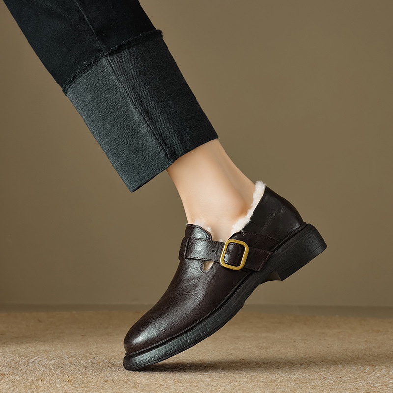 软羊皮复古加绒勃肯鞋女秋冬加厚底保暖棉鞋毛毛鞋真皮一脚蹬单鞋