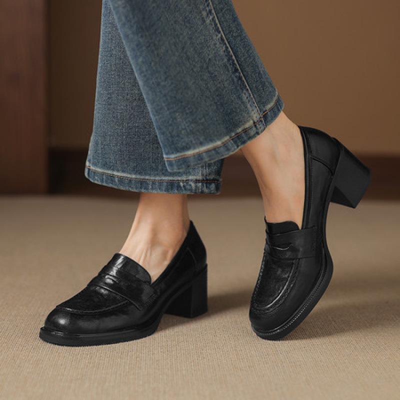 法式复古粗跟高跟鞋单女2025新款真皮圆头深口小皮鞋一脚蹬乐福鞋