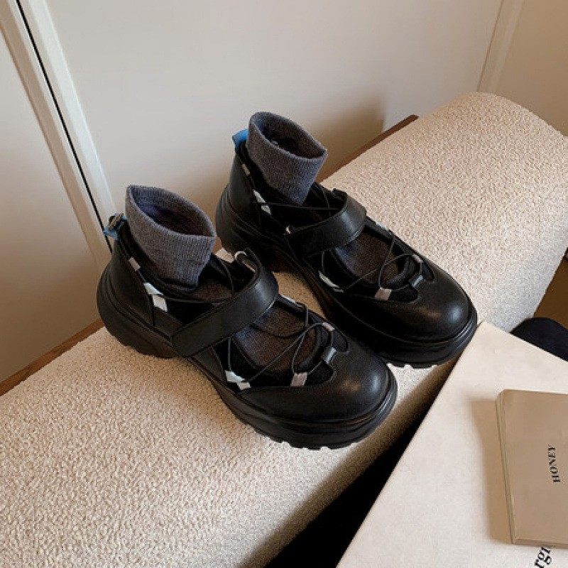 牛皮版~运动风复古魔术贴浅口单鞋女气质百搭圆头松糕厚底休闲鞋