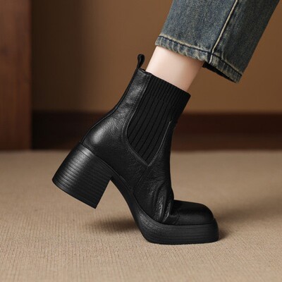 成都手工女鞋复古圆头粗跟高跟短靴女秋冬真皮厚底瘦瘦靴弹力袜靴