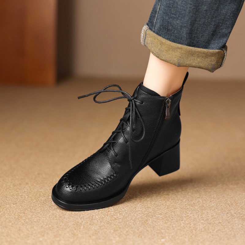 法式复古粗跟方头短靴女2025秋冬新款真皮编织系带英伦复古马丁靴,女鞋,马丁靴,淘宝优惠券,粉丝福利购,淘宝优惠卷