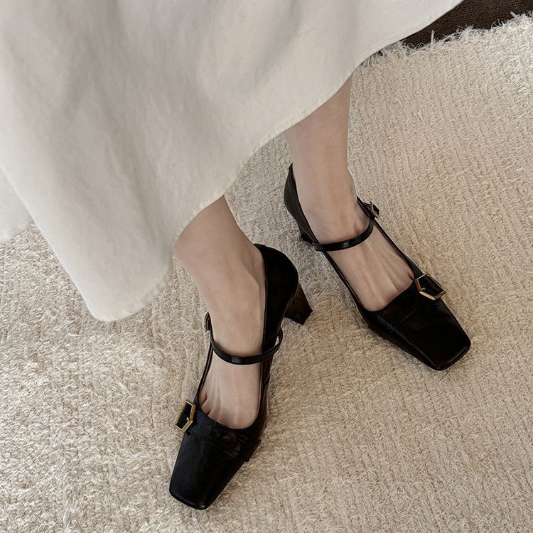 单鞋女士方头浅口高粗跟玛丽珍真羊皮带扣2024新款春秋冬法式黑色