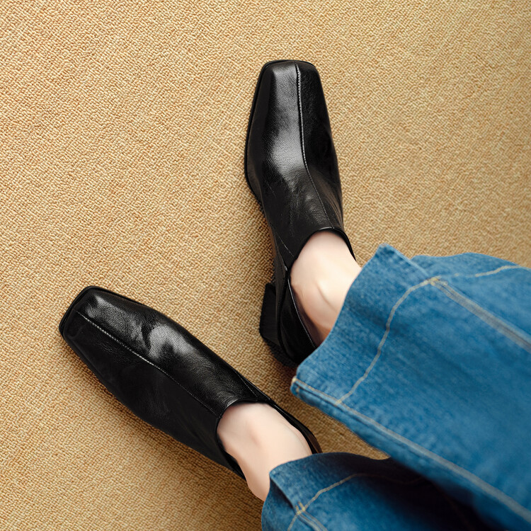 复古真皮小皮鞋低帮单鞋法式通勤高跟鞋女小众简约方头粗跟懒人鞋