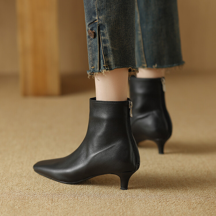 法式短靴女秋冬2024新款真皮方头时装细跟单靴及小裸靴小猫跟靴子