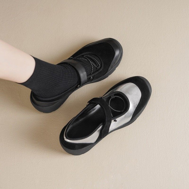 时尚圆头魔术贴真皮松糕厚底浅口玛丽珍单鞋女2025年新款夏黑银色
