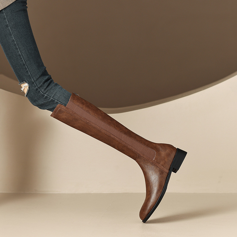小个子棕色长靴女不过膝高筒弹力显瘦靴子中跟骑士靴圆头及膝靴女