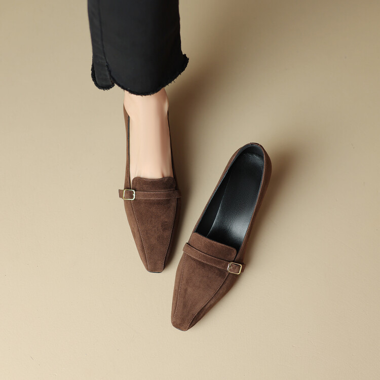 软皮方头单鞋女春夏新款中跟法式工作小皮鞋复古潮款粗跟女单鞋