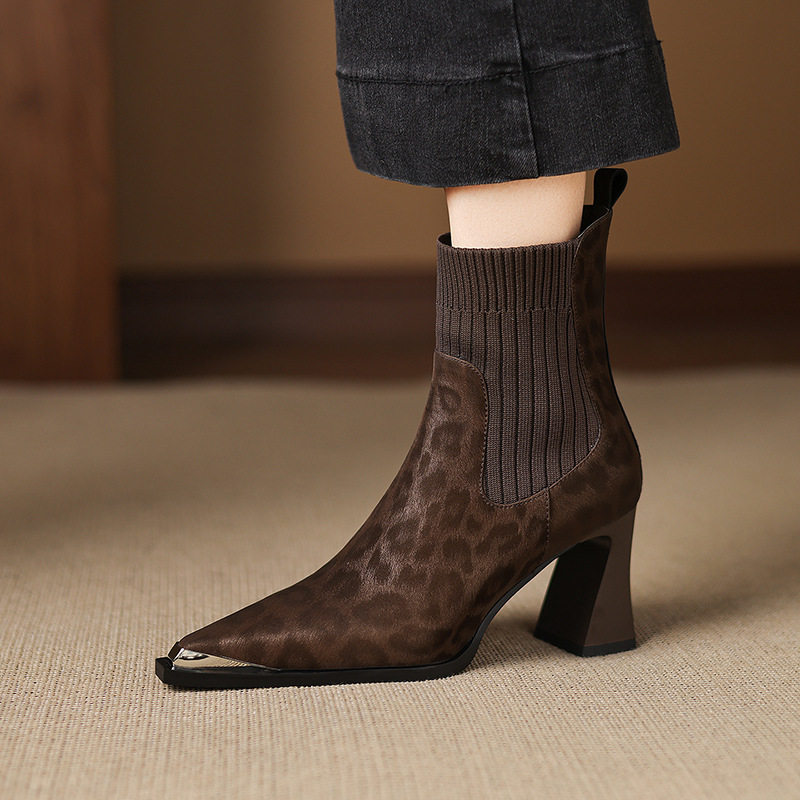 复古风金属尖头高跟袜靴女秋冬新款针织拼接毛线筒短靴豹纹时装靴,女鞋,马丁靴,淘宝优惠券,粉丝福利购,淘宝优惠卷
