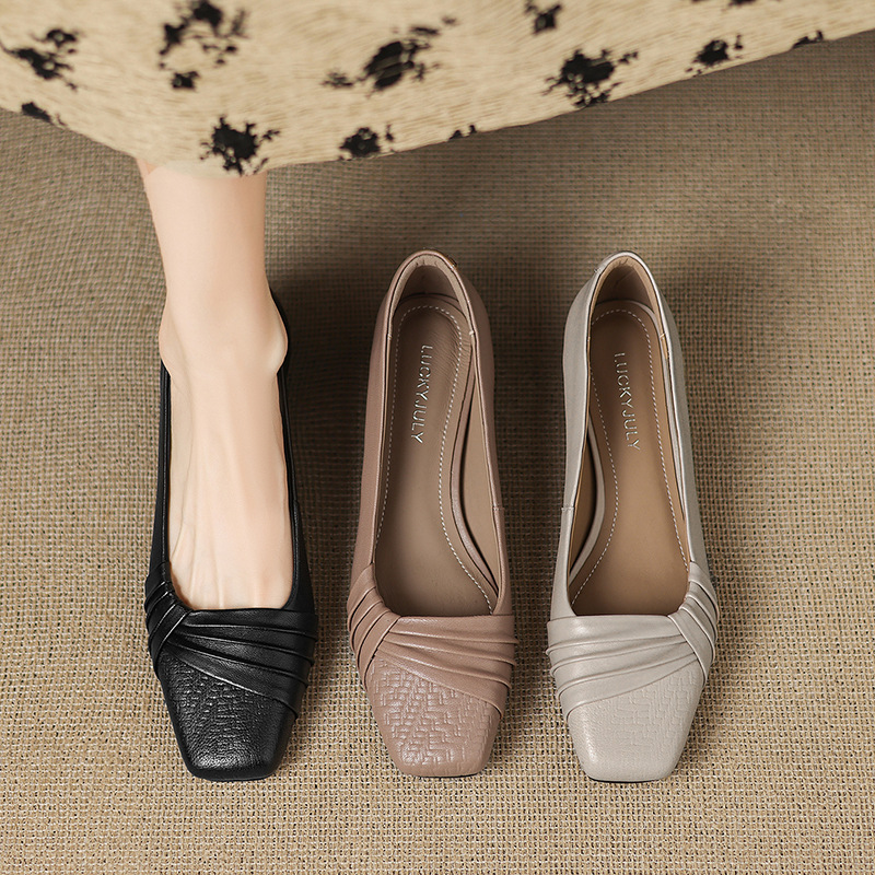 法式复古真皮小皮鞋女春秋新款粗跟方头浅口单鞋低跟百搭奶奶鞋女