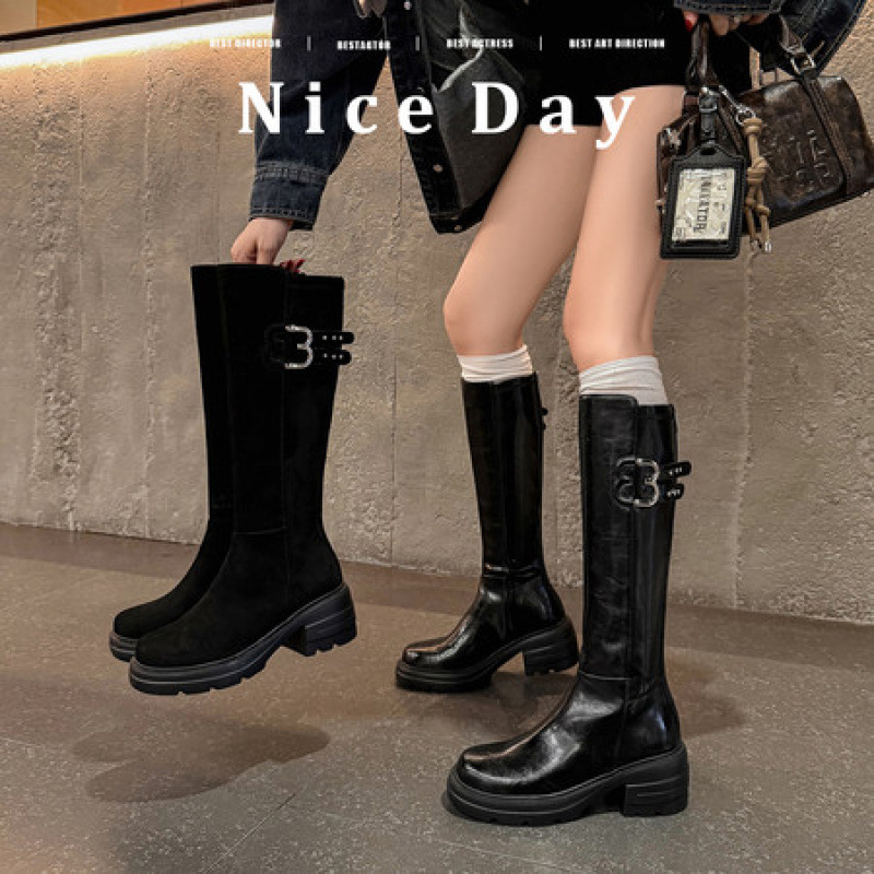 长筒靴女款2025秋冬季新款百搭帅气时尚复古真皮粗跟骑士靴子