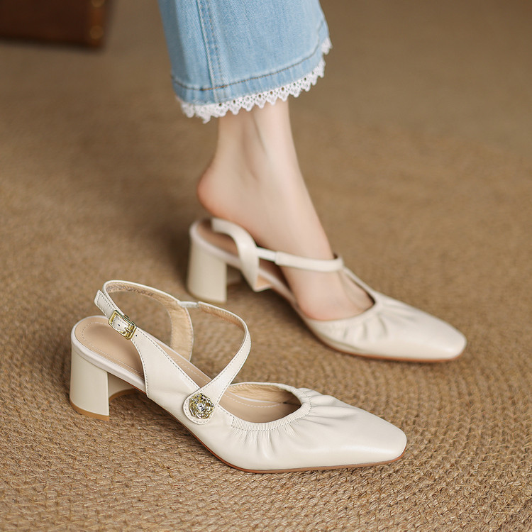 羊皮！褶皱软皮百搭粗跟包头凉鞋女2025新款法式方头凉鞋女真皮新