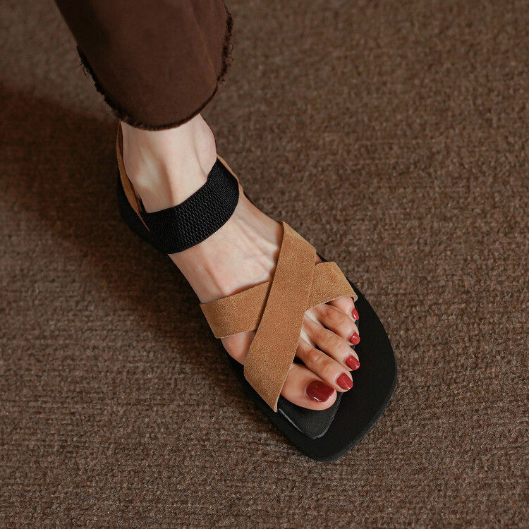复古松紧交叉带平跟凉鞋女2024夏季新款低跟百搭方头女鞋,女鞋,马丁靴,淘宝优惠券,粉丝福利购,淘宝优惠卷