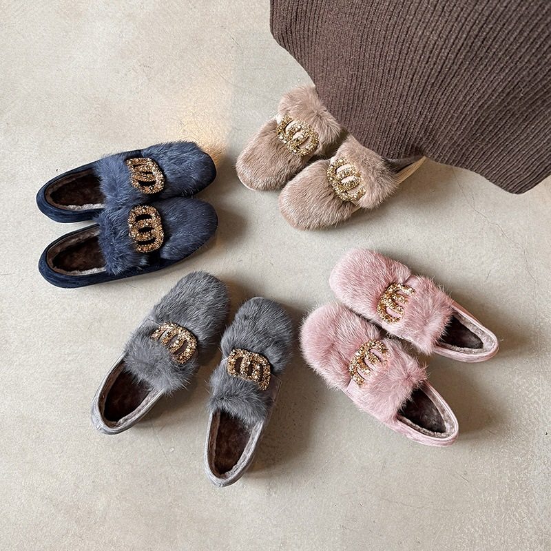法式复古水钻扣毛毛鞋2025秋冬新款加绒保暖舒适一脚蹬豆豆乐福鞋,居家布艺,居家婚庆拖鞋,淘宝优惠券,粉丝福利购,淘宝优惠卷
