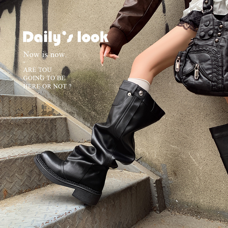 2025秋冬新款真皮辣妹英伦风大筒围堆堆靴粗跟厚底方头显瘦长筒靴