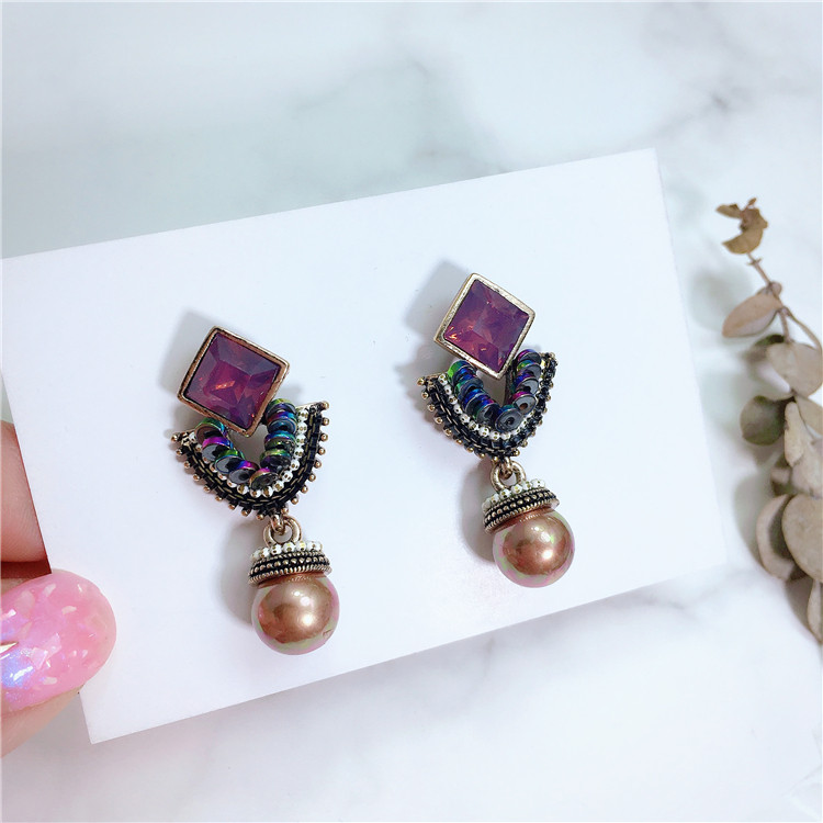 925银针防过敏日韩版韩国进口珍珠复古百搭个性方形耳坠耳钉耳环