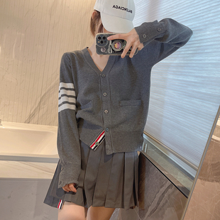 9色！tb经典v领羊毛开衫女thom四条杠显瘦休闲百搭长袖针织外套潮