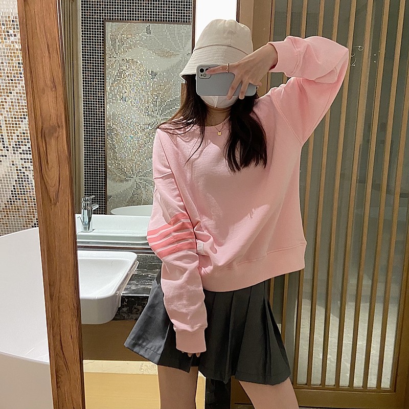TB四条杠粉色卫衣女thom学院风圆领减龄宽松显瘦休闲长袖上衣纯棉