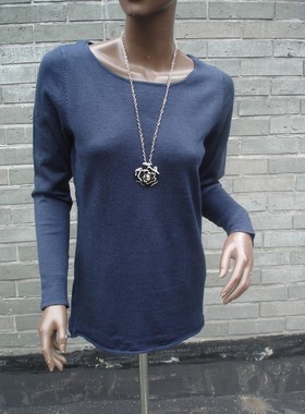 春秋深蓝色简约欧美休闲套头一字领毛衣针织衫大码