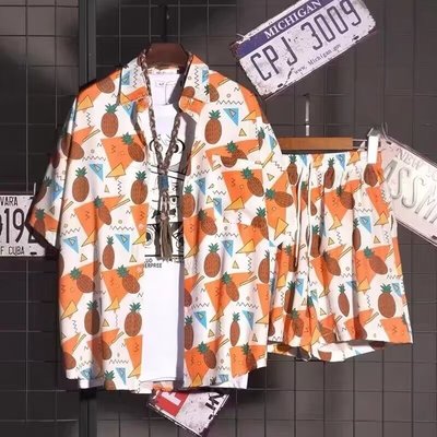 沙滩夏威夷花衬衫男夏季套装半袖衬衣oversize痞帅设计感寸衫外套