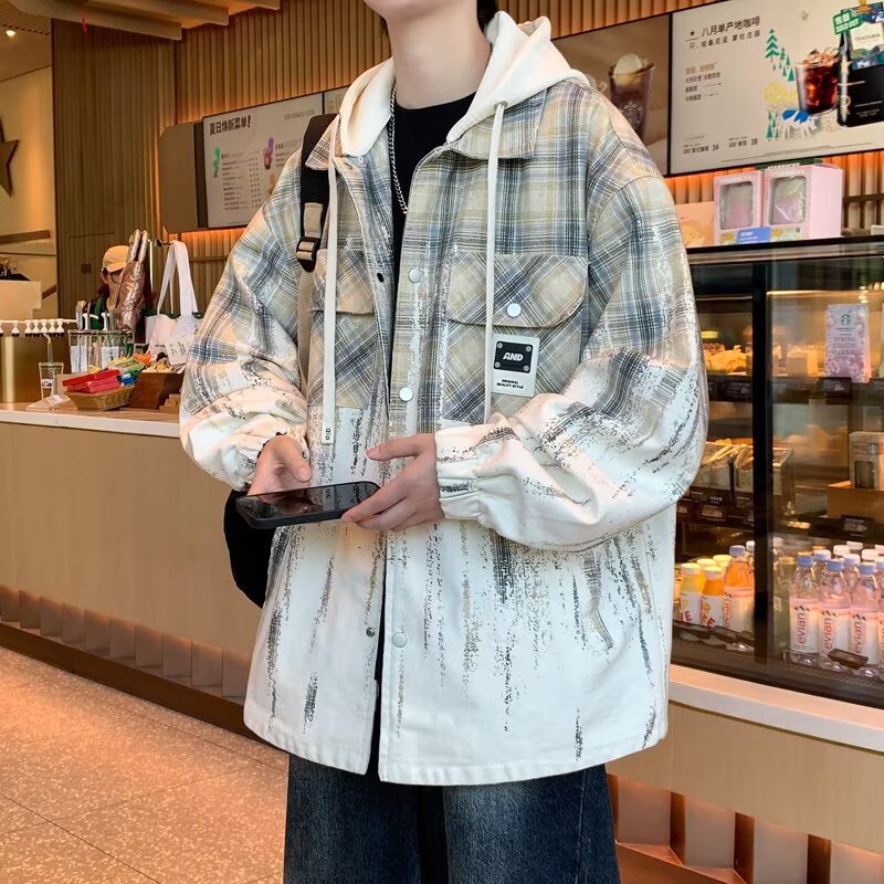 蓝色扎染格纹长袖衬衫男款美式高街格子衬衣cleanfit潮牌情侣外套