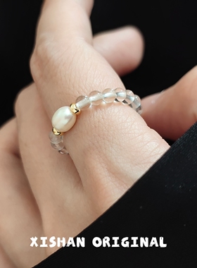 希山原创设计天然紫水超七珍珠戒指女可调节弹力高级感显贵送女友