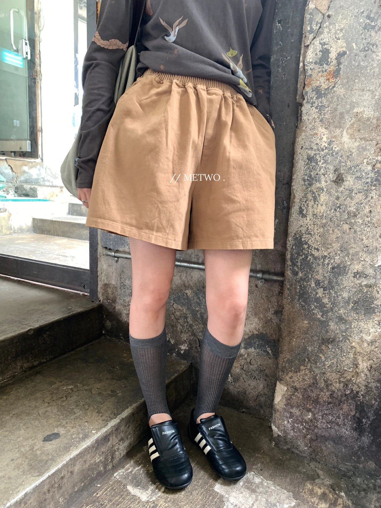 METWO 秋冬新款时尚气质纯色ins松紧腰休闲裤短裤女8838#工装短裤