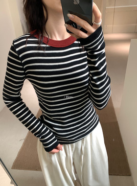 Hers 一勺甜亲肤圆领拼接女条纹撞色显瘦弹力针织打底上衣92399#