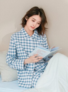 康妮雅家居服睡衣梭织棉双面磨毛小翻领开衫长袖长裤女套装621345