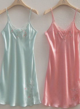 康妮雅家居服睡衣夏款高档桑蚕丝真丝V领吊带女睡裙中裙62458