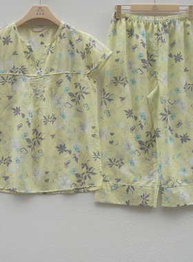 康妮雅家居服睡衣夏款棉+桑蚕丝V领套头短 袖七分裤女套装62813