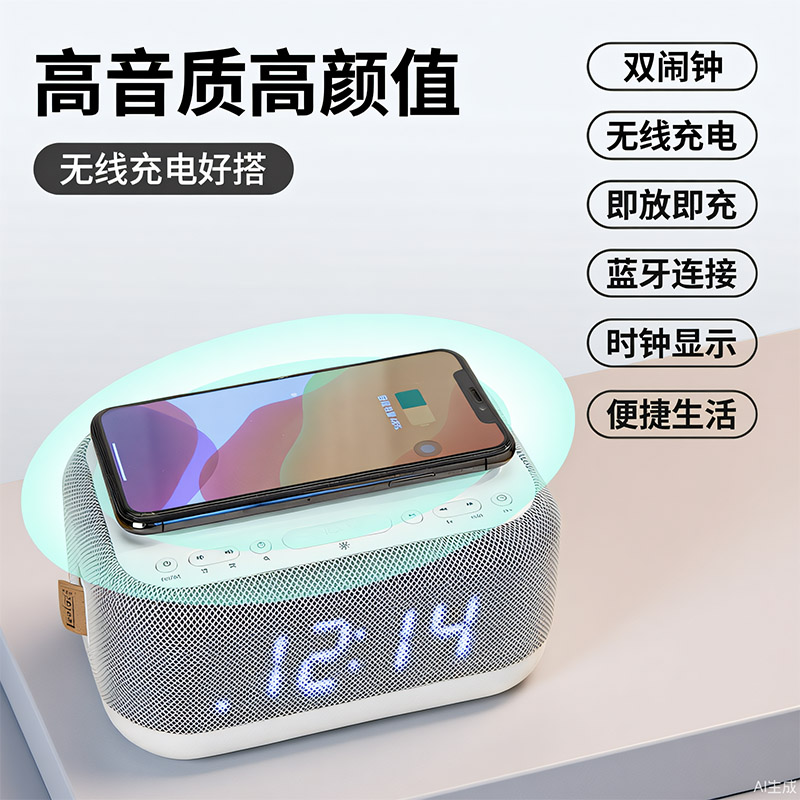 手机无线充蓝牙音响高音质小音箱床头卧室小夜灯时钟闹钟创意礼物
