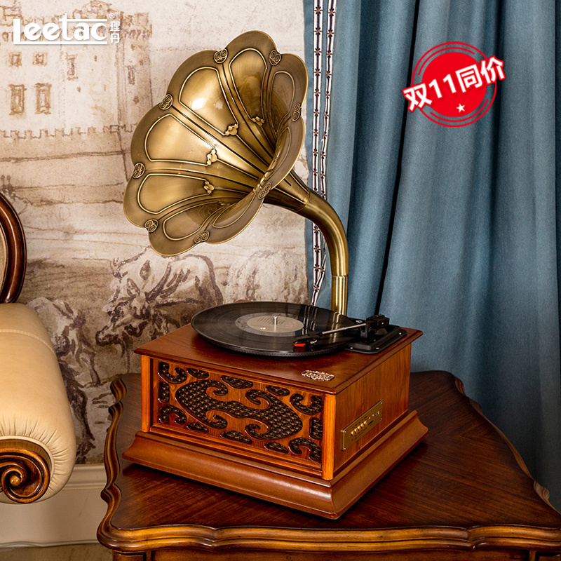 复古留声机黑胶唱片机仿古大喇叭蓝牙音响LP电唱机客厅台式木质