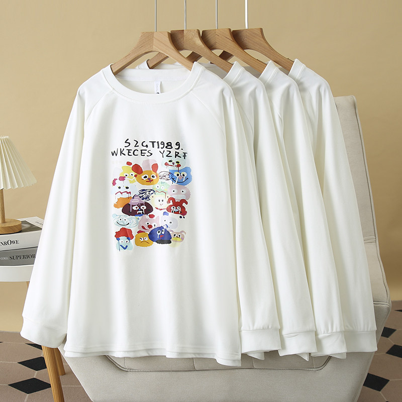 大码女装2024秋冬美式宽松长袖白色t恤女德绒开叉印花打底衫