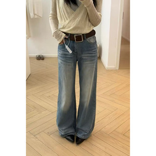 Ooh0366韩系水洗磨白阔腿牛仔裤 高腰显瘦垂感百搭宽松拖地牛仔裤