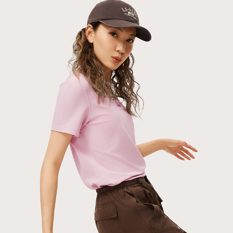 李宁女夏季新品运动潮流系列印花时尚百搭短袖文化衫AHSU330-B品