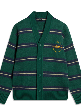 李宁正品运动潮流系列男子宽松休闲复古条纹开衫针织衫AMBU233