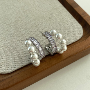 欧美复古高级感双层锆石珍珠耳圈耳环925银针小众设计感耳饰新款